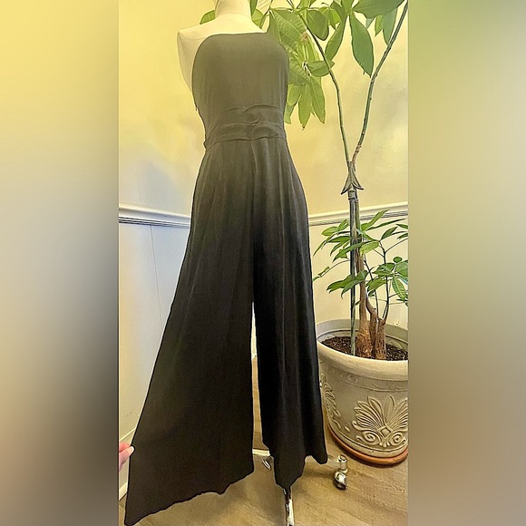 One Shoulder sleeveless High Waist Wide Leg Jumpsuit Romper pockets linen blend - Picture 4 of 10